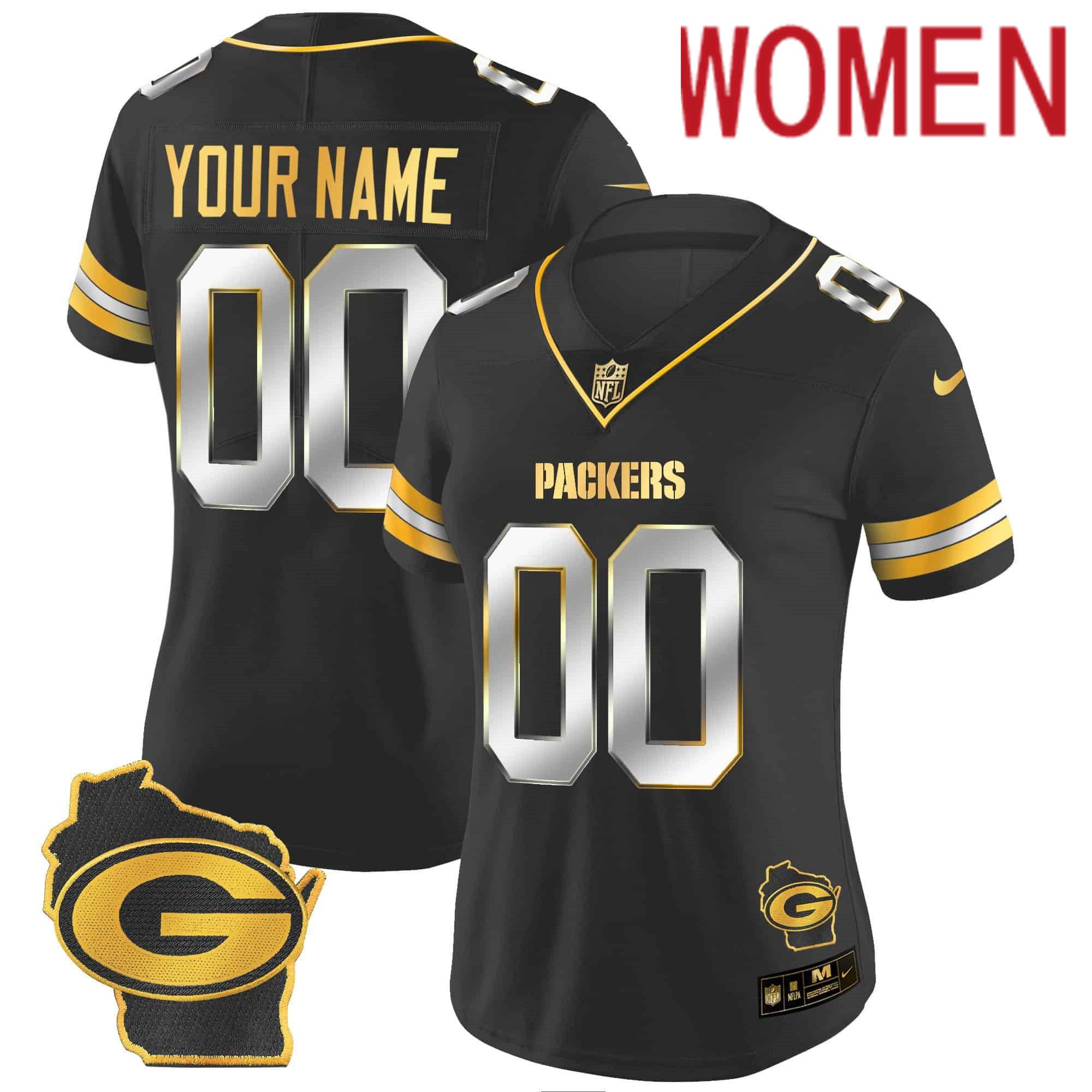 Women Green Bay Packers Black Gold 2024 Nike Home Patch Vapor Custom NFL Jersey style 1->customized nfl jersey->Custom Jersey